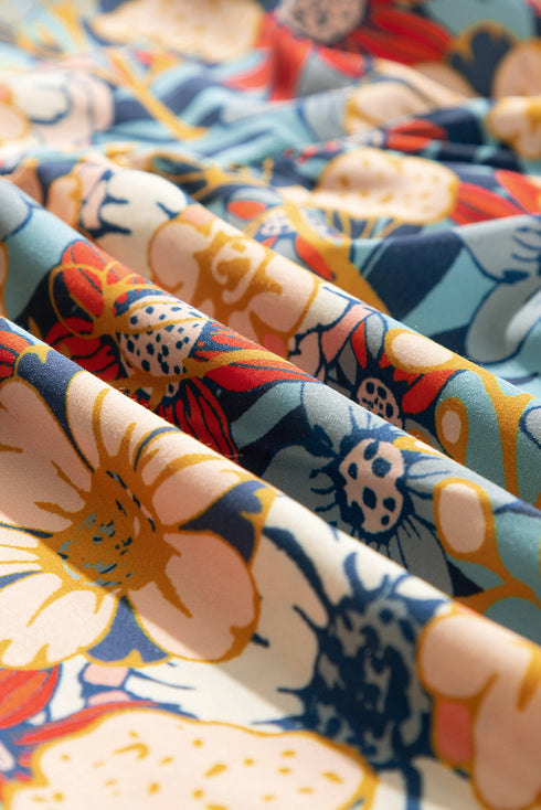 Multicolour Boho Floral Print Crochet Patchwork V Neck Loose Mini Dress